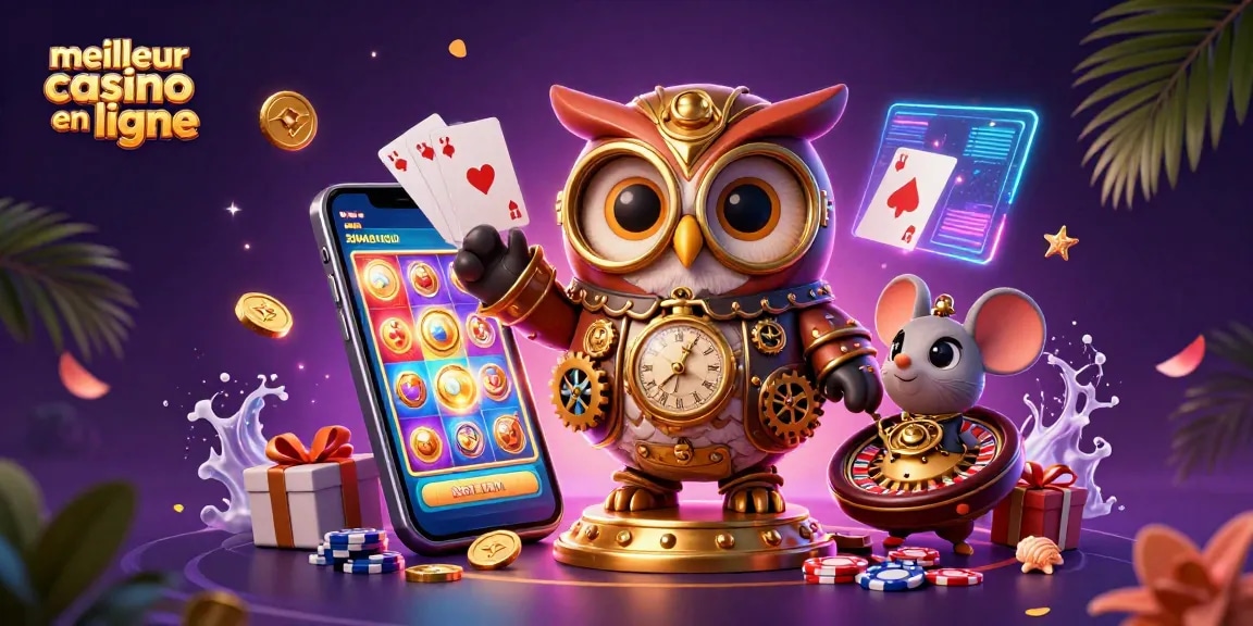 Découvrez le meilleur casino en ligne avec un hibou voyageur du temps et son compagnon à la souris.