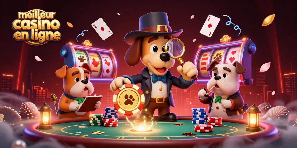 Gagnez avec le meilleur casino en ligne grâce à une illustration 3D captivante de détectives canins.