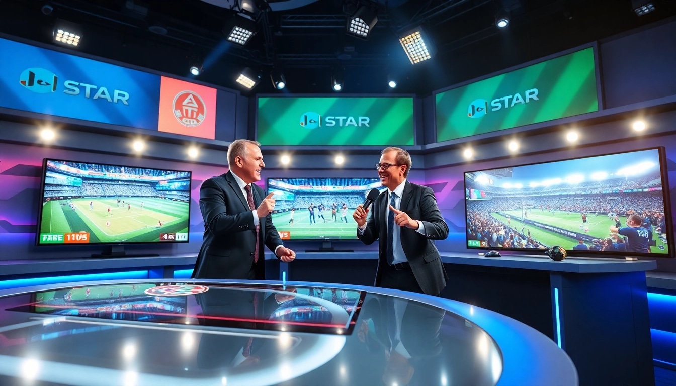 Engaging sports broadcasting scene with hosts animatedly discussing sports highlights.