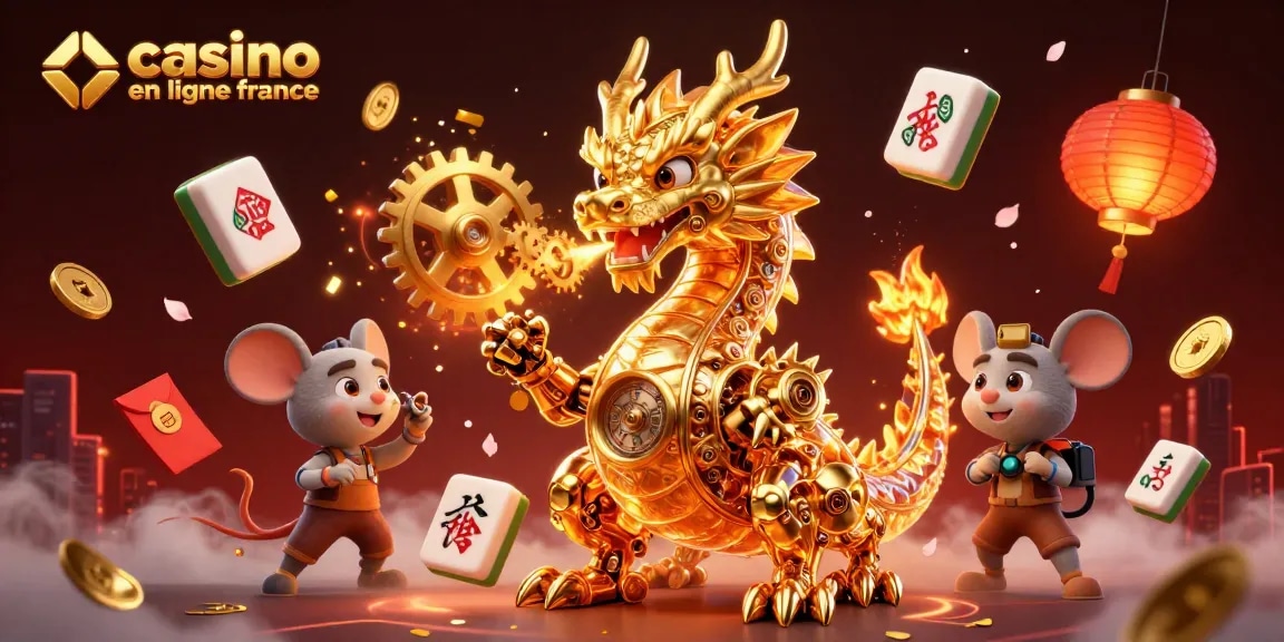 Illustration de jeux captivante avec un dragon et des éléments de casino en ligne France, offrant de riches visuels.