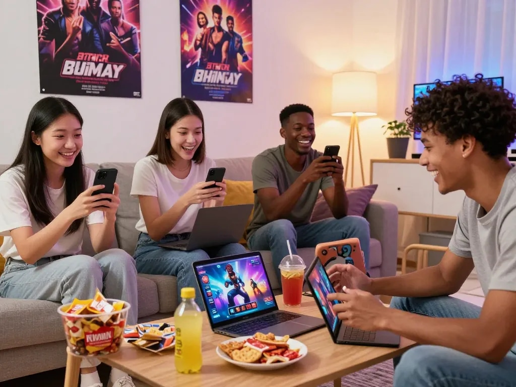 Players enjoying a vibrant scene of online porn games in a cozy living room.