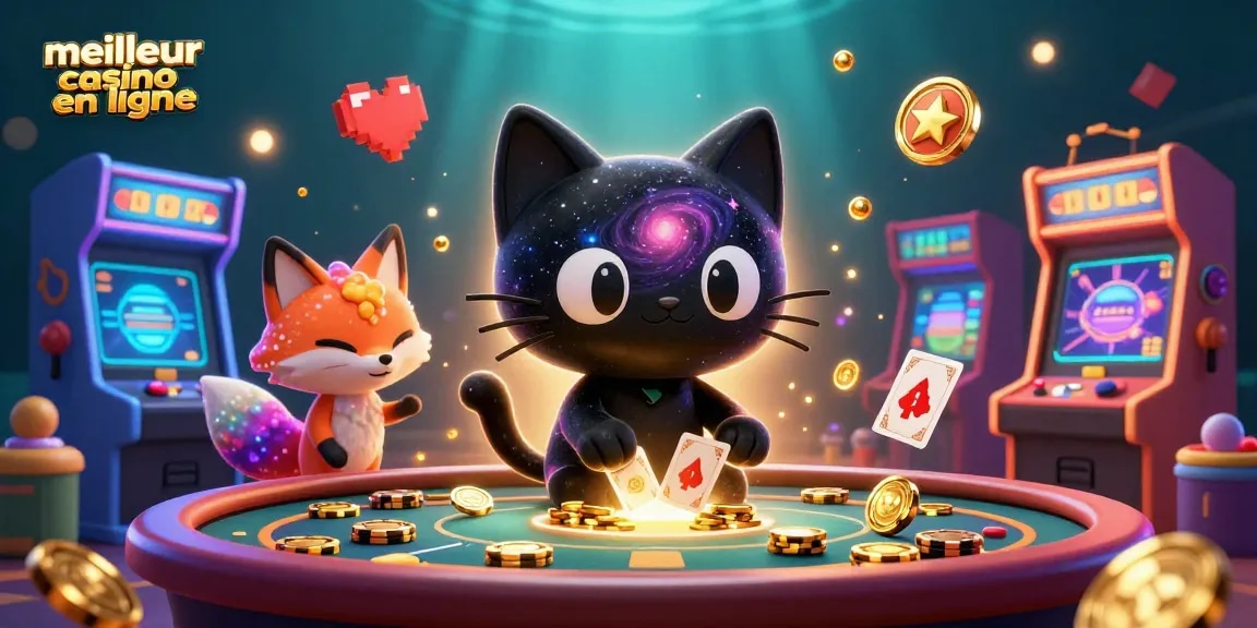 Illustration captivante d'un meilleur casino en ligne avec un chat de trou noir et un renard nébuleux attirant des jetons d'or.