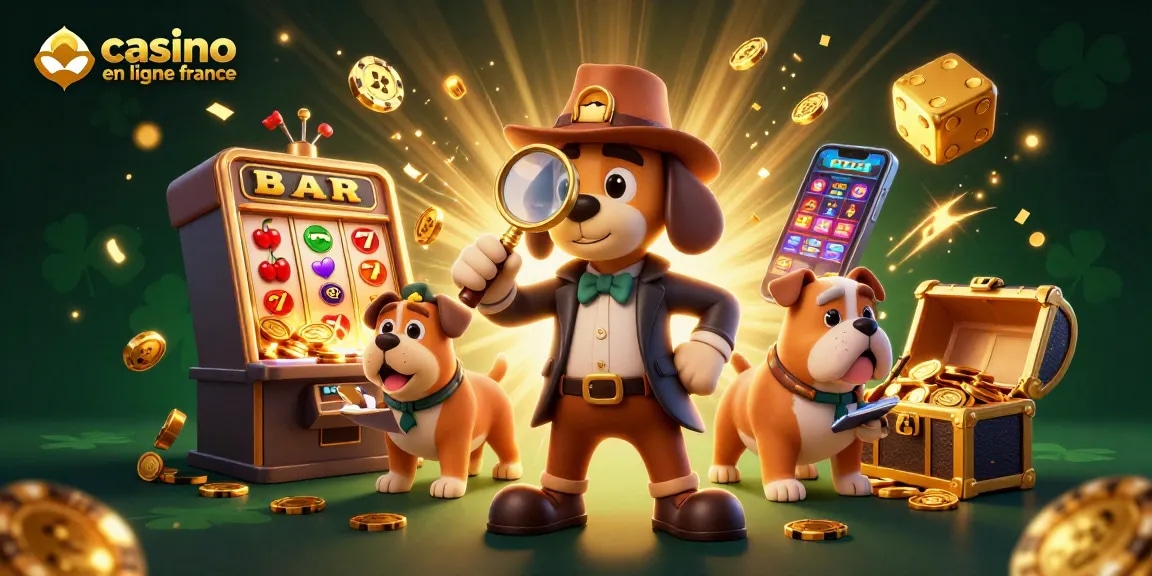 Le casino en ligne France s'anime avec des personnages détectives et une machine à sous éclatante.