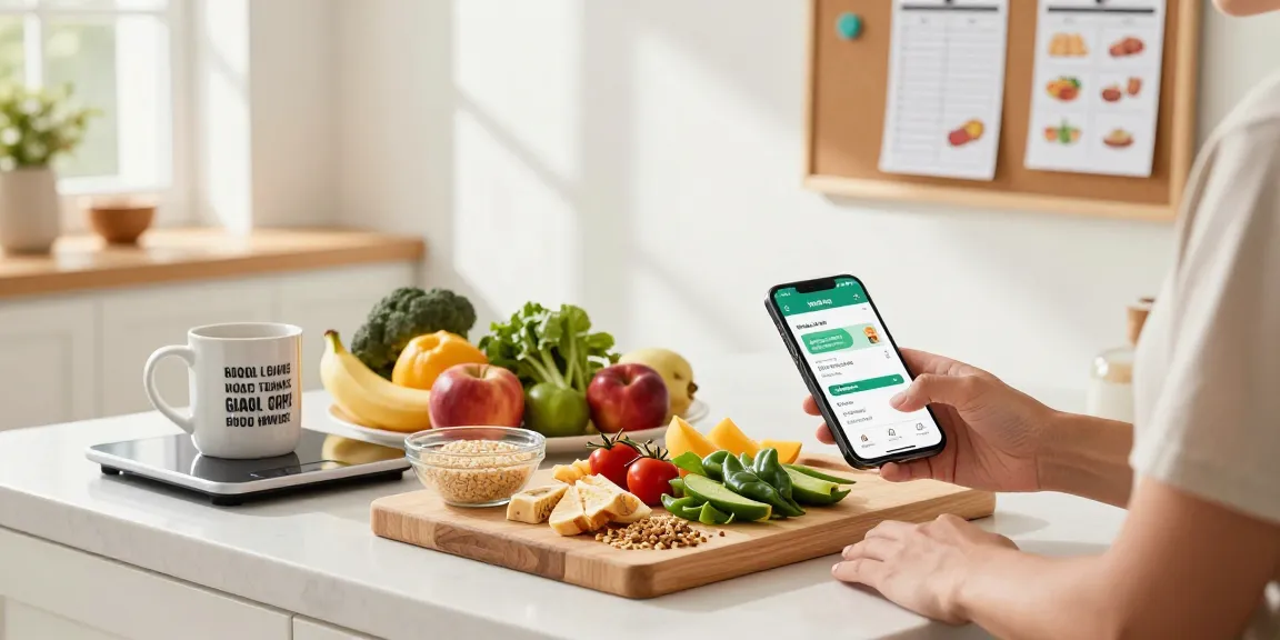 Using the best nutrition app, a user engages with Welling AI food tracker in a bright kitchen while preparing a healthy breakfast.