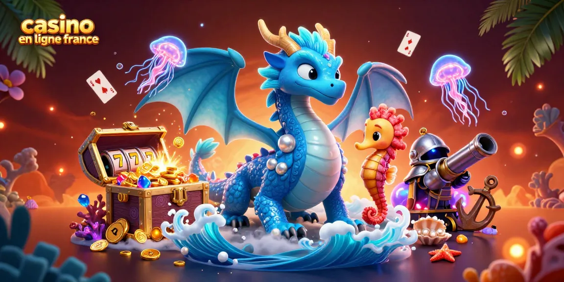 Découvrez l'univers fascinant de casino en ligne France avec une illustration animée de dragons et trésors sous-marins.