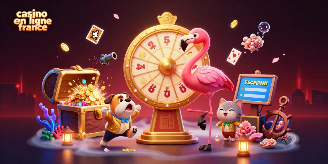 Une scène dynamique de casino en ligne France : un flamant animé et un bulldog gagnant des prix.