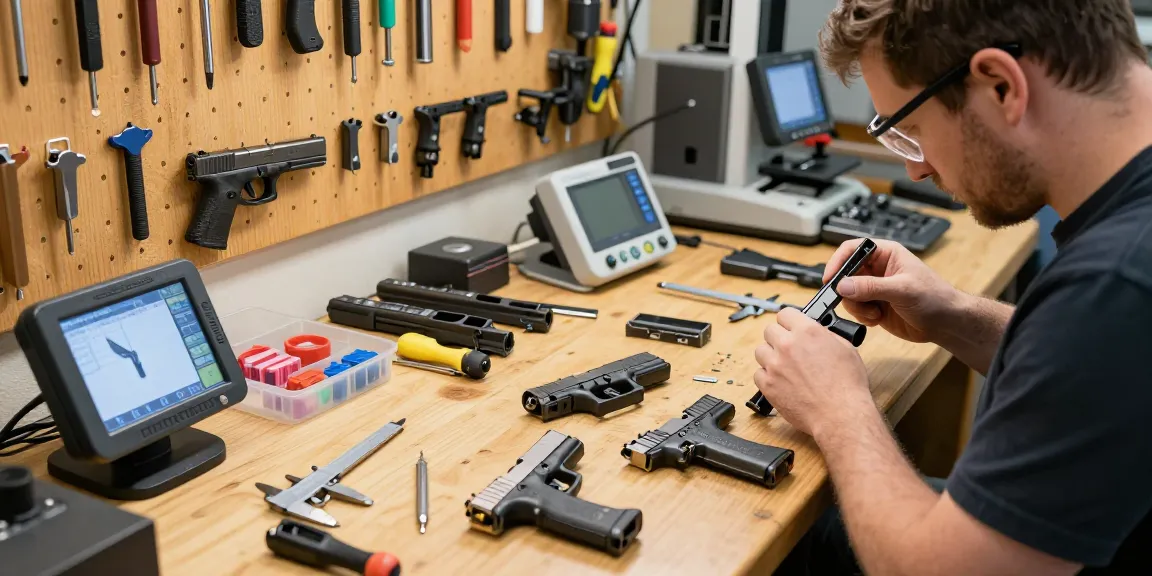 Precision Glock slides assembly workshop, showcasing craftsmanship at https://precisionglockslides.com with expert gunsmith and tools.