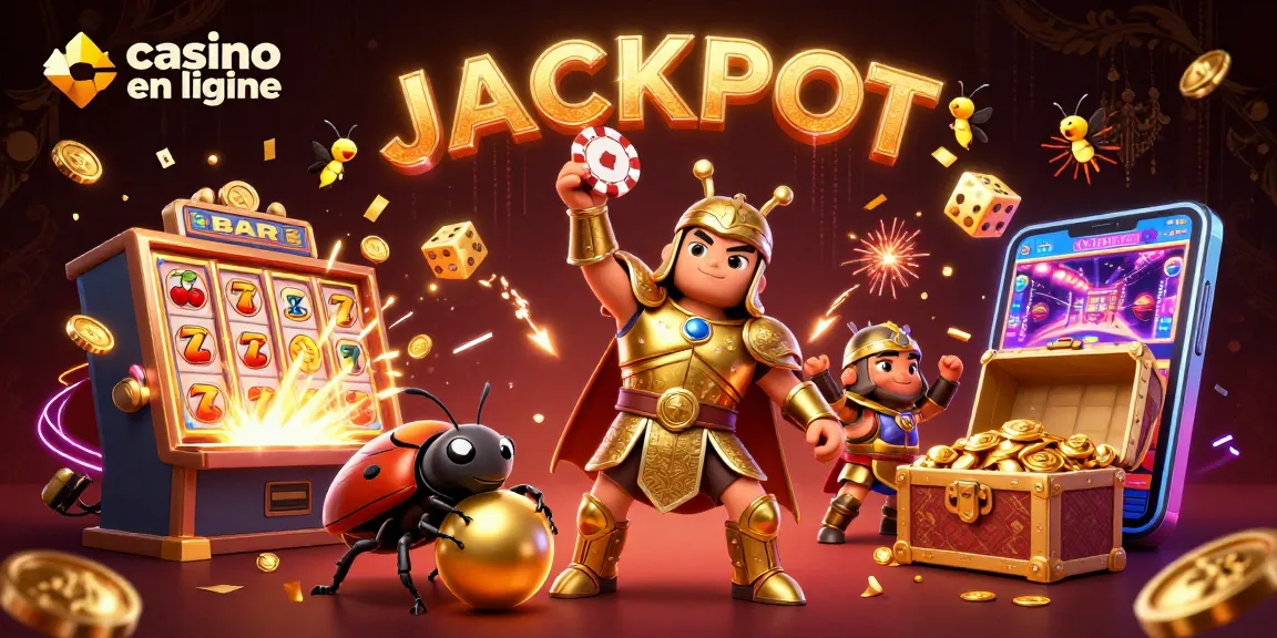 Les personnages illustrent le casino en ligne, levant une puce de poker, entourés de machines à sous et de symboles chanceux.