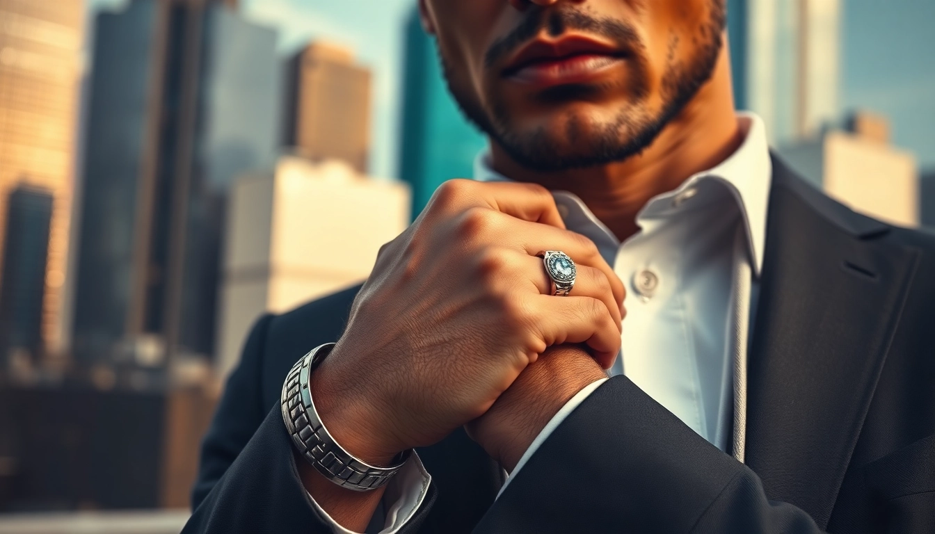 Showcase of men’s jewelry including a stylish bracelet and ring in an elegant urban environment.