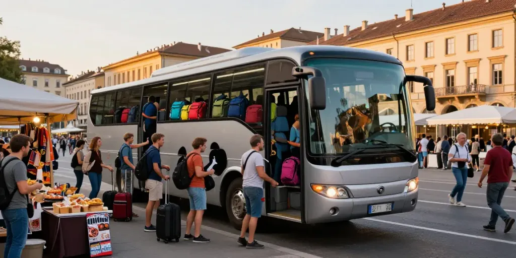 Transport Moldova Olanda - autobuz la destinație europeană, călători îmbarcându-se, colete colorate.