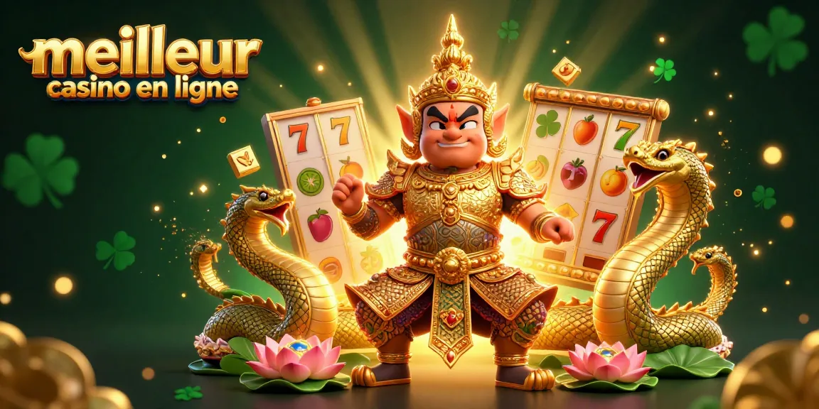 Visuel représentant le meilleur casino en ligne avec un gardien thaï et des éléments de jeu