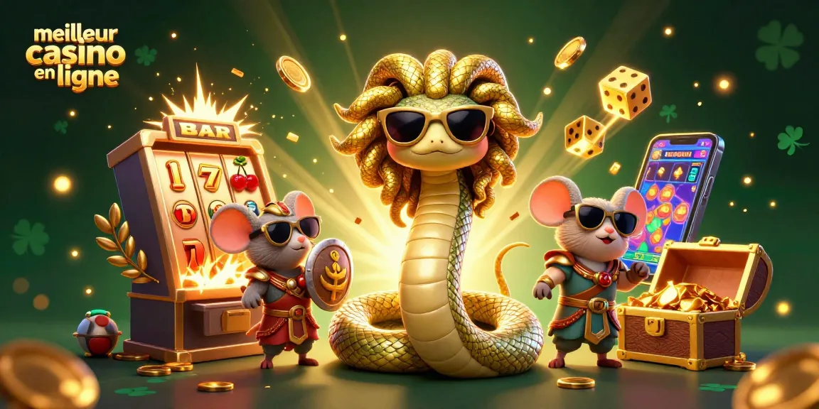 Visualisez le meilleur casino en ligne avec Méduse et un guerrier souris entourés de jeux et d'effets brillants.