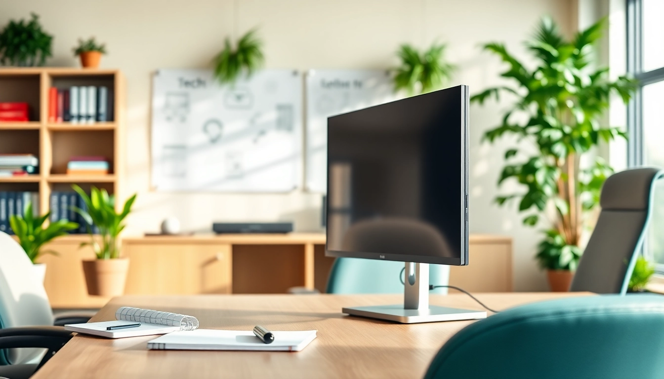 Technology workstation showcasing modern computer and ergonomic furniture for productivity.