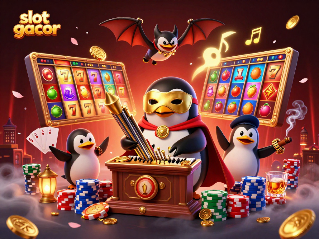 Menggandakan kemenangan dengan slot gacor yang memikat di kasino, disertai dengan simbol berkilau dan koin emas.