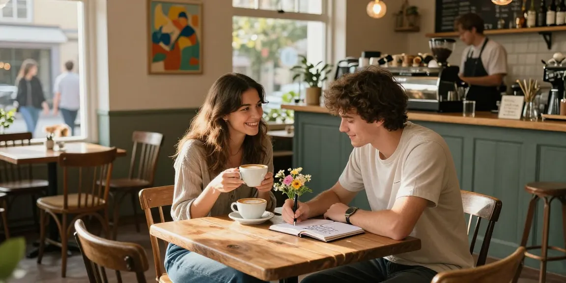 A couple sharing a moment in a cafe, expressing their crush on each other over coffee.