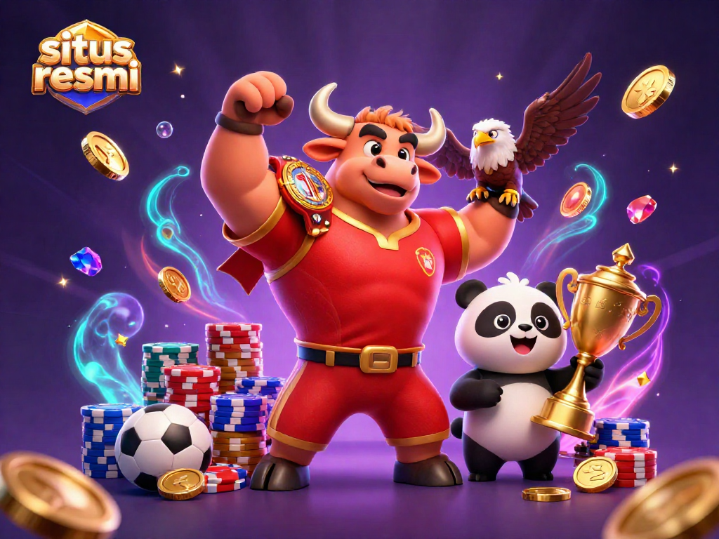 Bet on situs resmi with real-time updates featuring a muscular bull, eagle, and panda in this dynamic casino illustration.