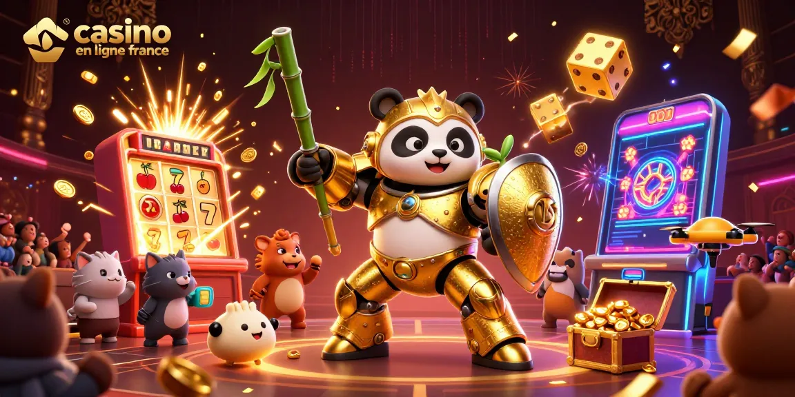 Jouer à des jeux de casino en ligne France avec un panda doré en robot, jackpot inclus.