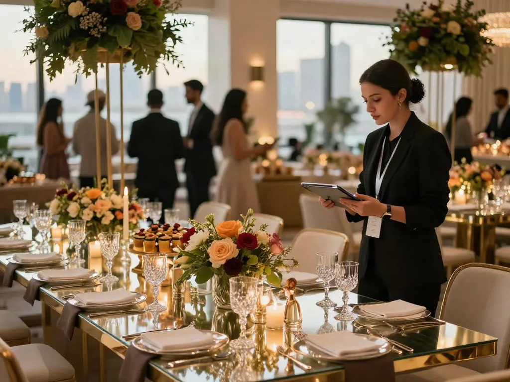 High-end event rentals setup in Riyadh with exquisite table decor and professional service.