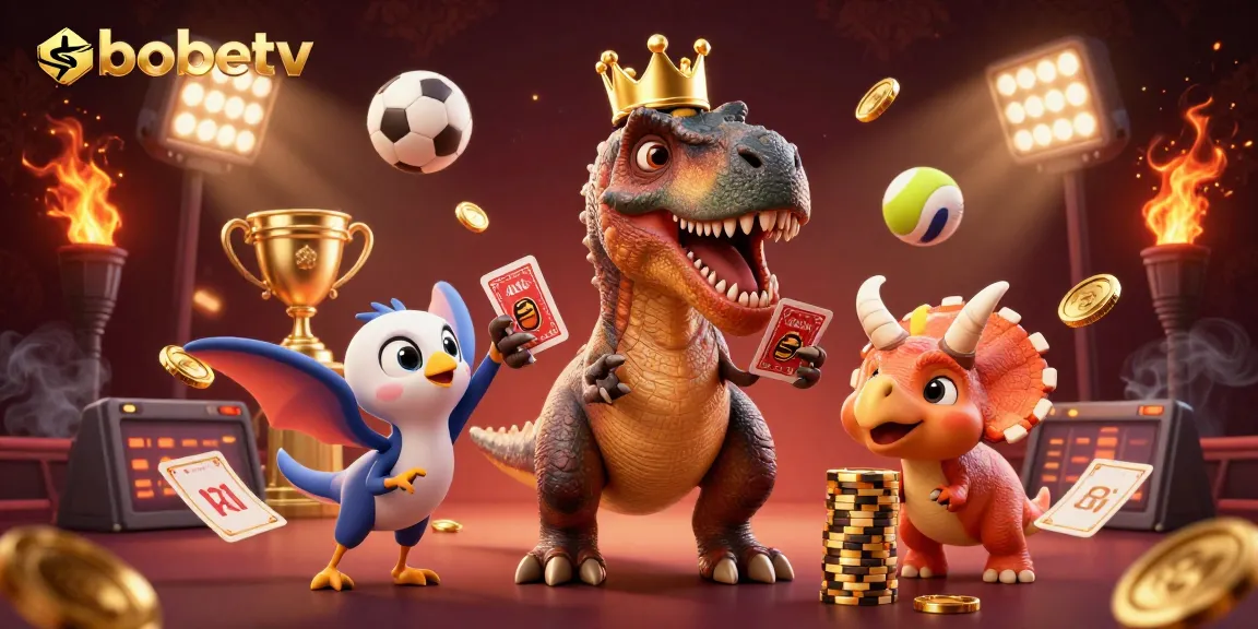 Engage in thrilling gameplay with sbobetv as a T-Rex shuffles cards in a vibrant 3D casino scene.