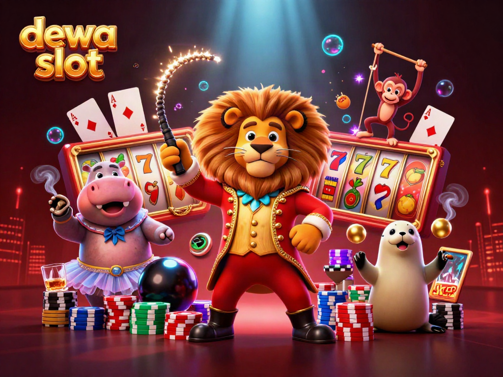Gambarlah dewa slot yang penuh warna dengan karakter sirkus di kasino yang meriah.