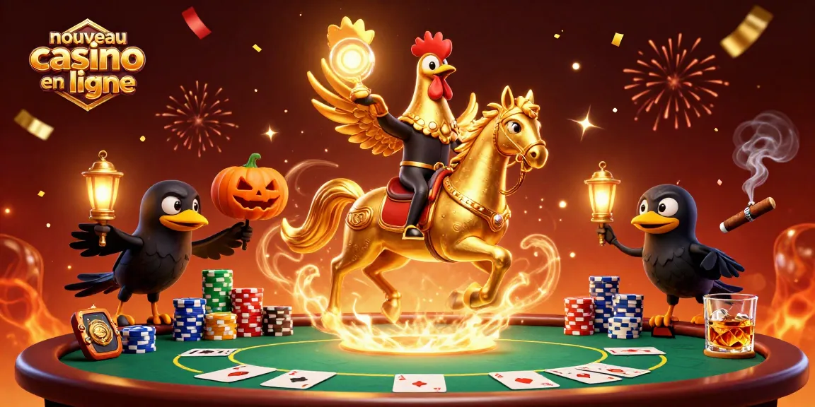 Illustration du nouveau casino en ligne avec un coq doré et des corbeaux, ambiance festive et éléments de poker.