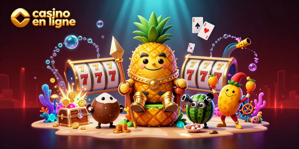 Jouer au casino en ligne avec un roi ananas et des éléments de jeux colorés.