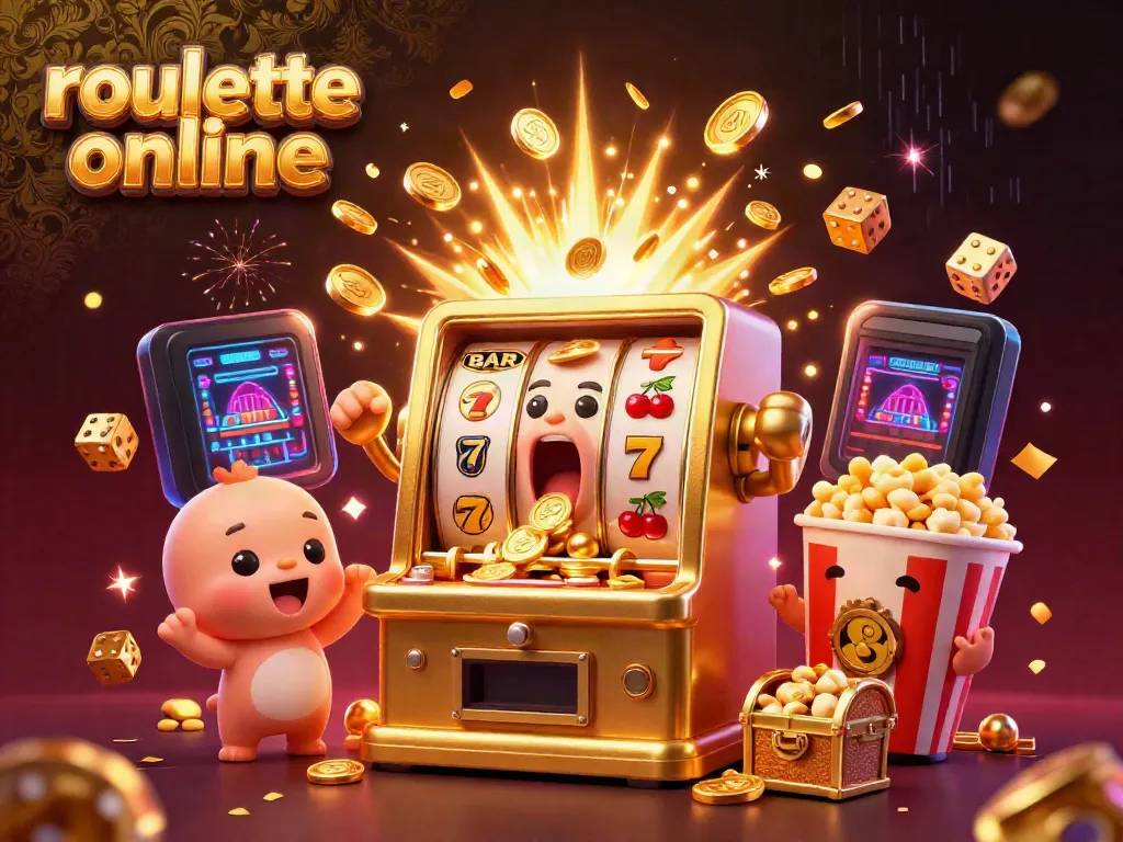 Experience high-energy fun with roullete online in this vibrant 3D casino scene featuring joyful slot machines and thrilling game elements.