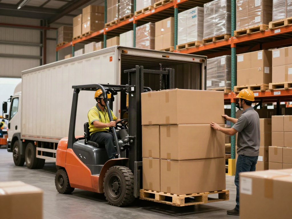 Ocargo Spedition: Mitarbeiter im Lager beim Verladen von Fracht für den Transport.