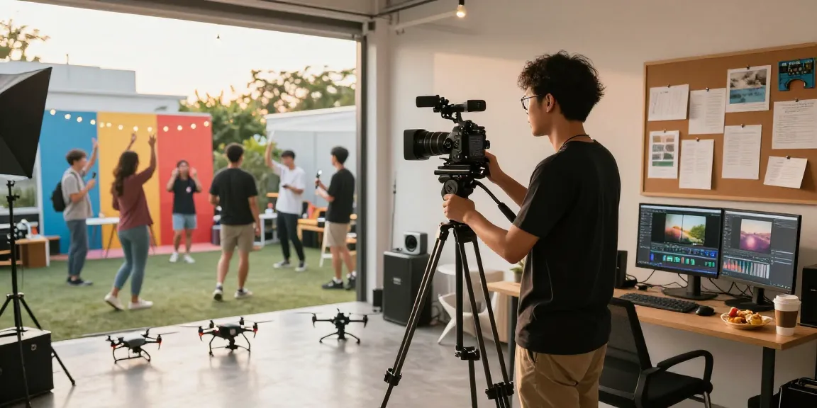 Dynamic scene showcasing videography services in Sg with a professional capturing vibrant events in a modern studio setting.