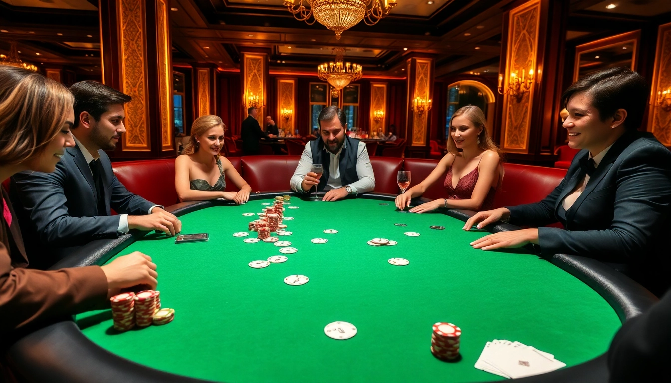 Vivez l'excitation de meilleure casino en ligne avec une scène de soirée poker luxueuse, mettant en avant un gameplay intense.