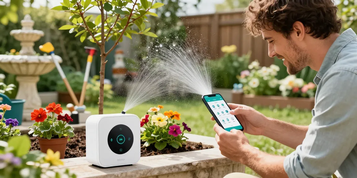 Using rainpoint smart sprinkler controller in a flourishing garden, adjusting settings on smartphone to optimize watering.