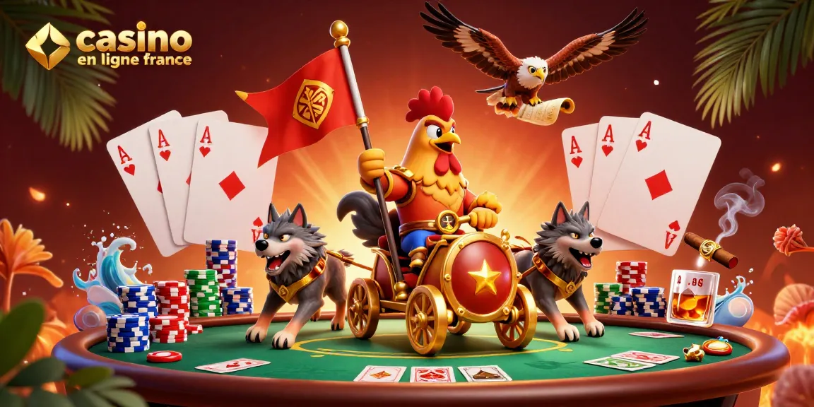 Illustration captivante de casino en ligne France avec un coq guerrier et des éléments de poker.