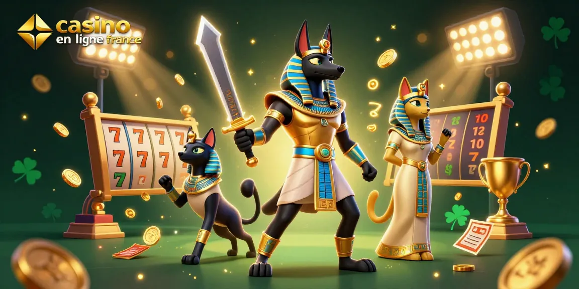 Illustration dynamique mettant en avant le casino en ligne France avec Anubis et Bastet parmi des éléments de jeux attrayants.