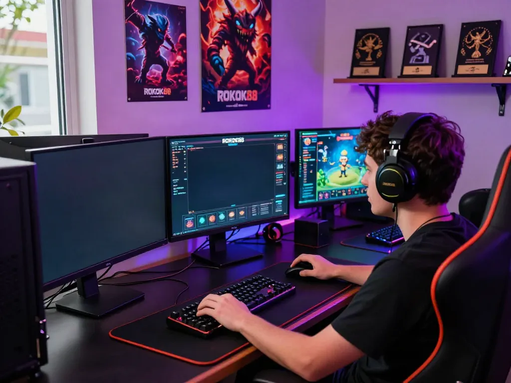 Player engaging in ROKOK88 login at a high-performance gaming setup with new monster challenges.