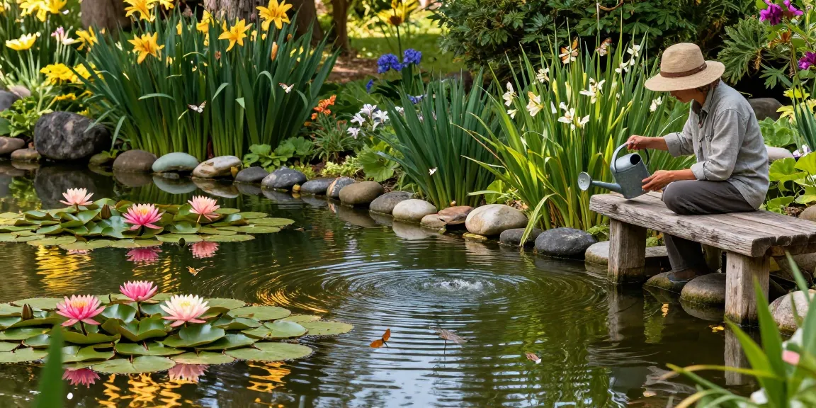 Buy Water Lilies in a vibrant garden pond filled with colorful blooms and greenery