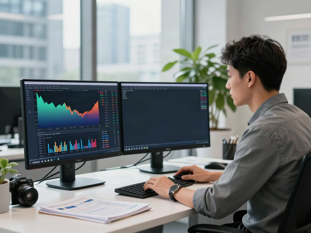 Trader using tradingview官网 on dual monitors in a modern office.