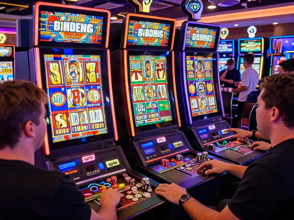 Players celebrating a slot bonus in a vibrant casino atmosphere.