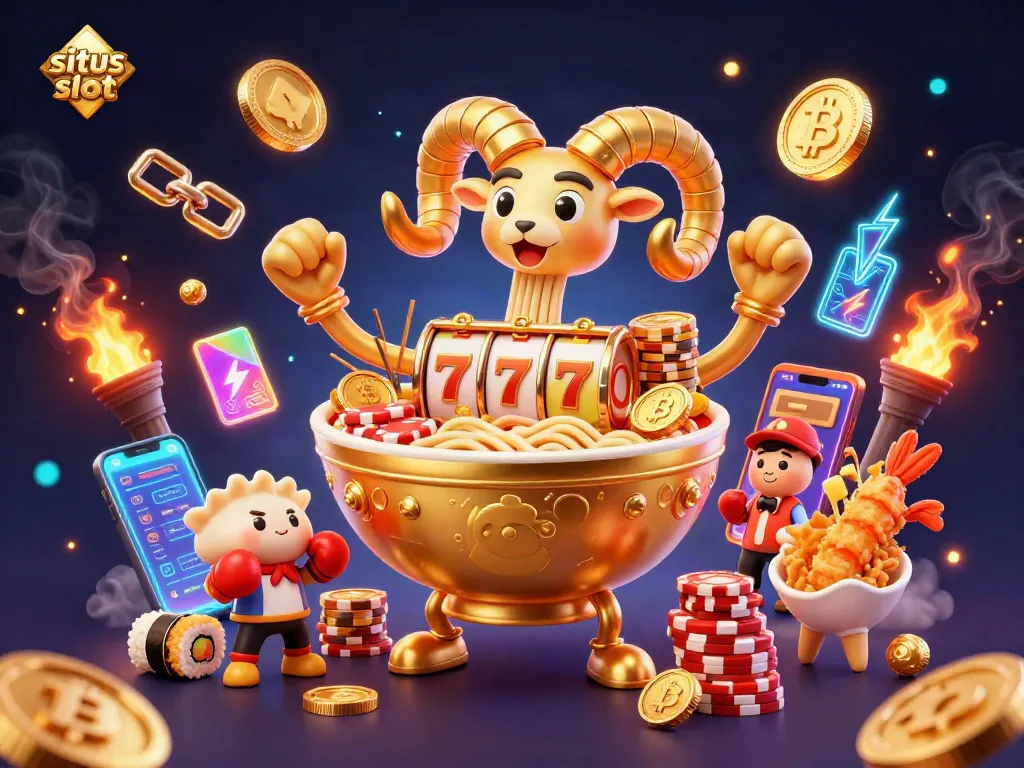 Spin the reels at situs slot with a lively 3D scene featuring a golden ramen bowl dealer and vibrant characters.