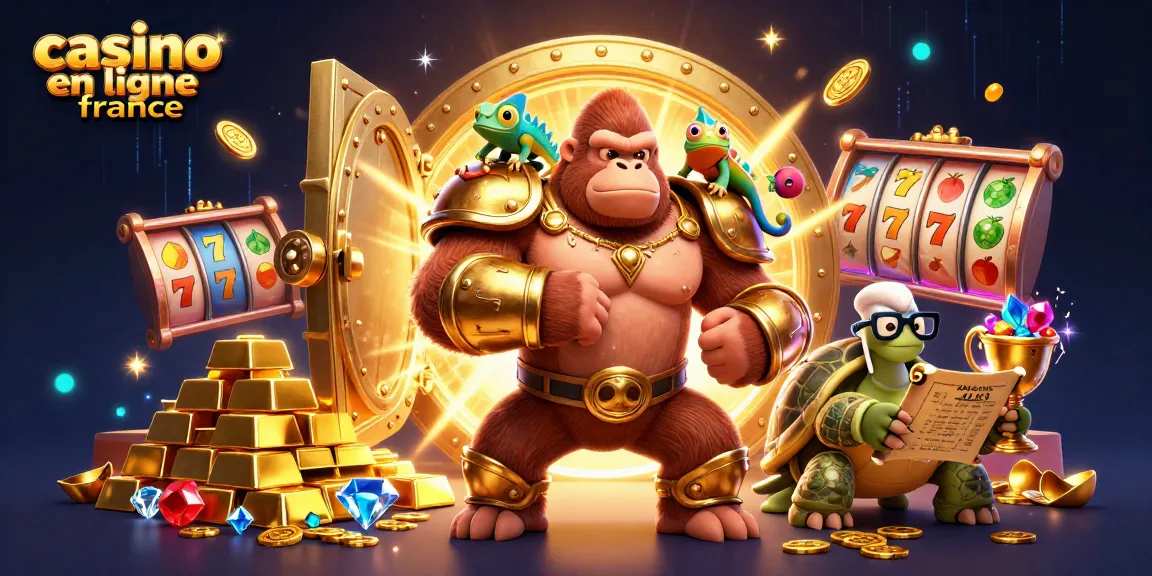 Illustration captivante de la scène du casino en ligne en France avec un gorille puissant et des éléments de jeu.