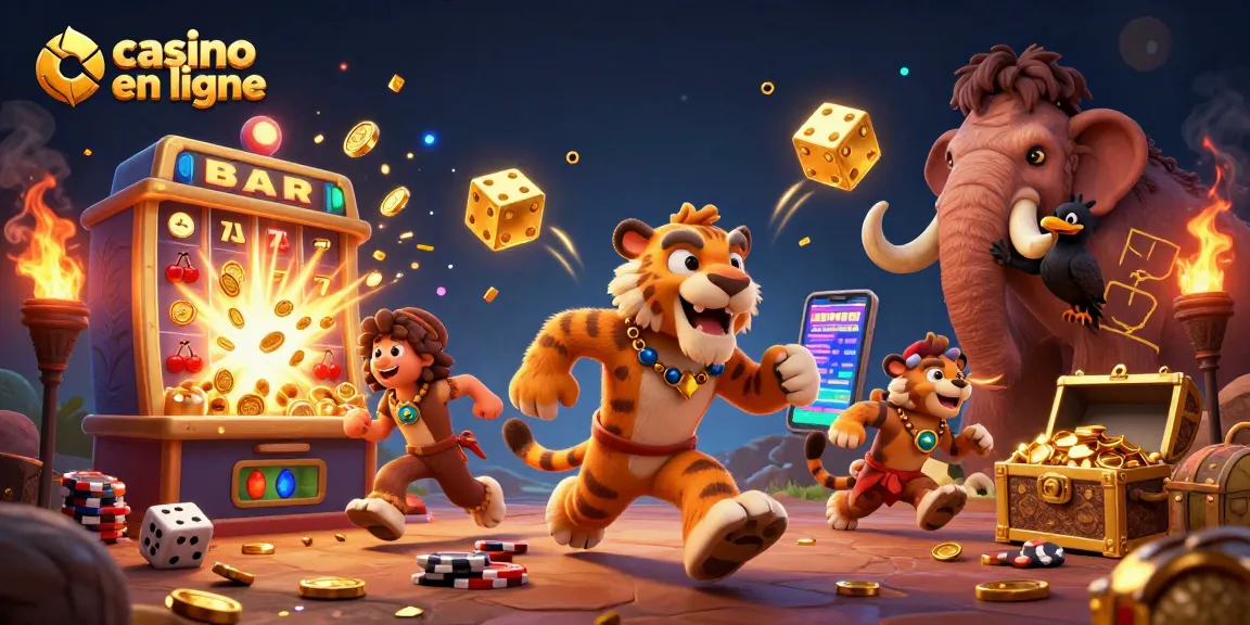 Profitez de jeux de casino en ligne grâce à cette illustration dynamique de personnages cartoon dans une ambiance préhistorique.