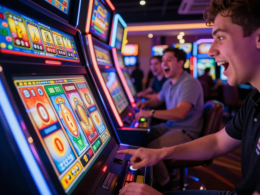 Player experiencing exhilaration at slot gacor machine in a lively casino environment
