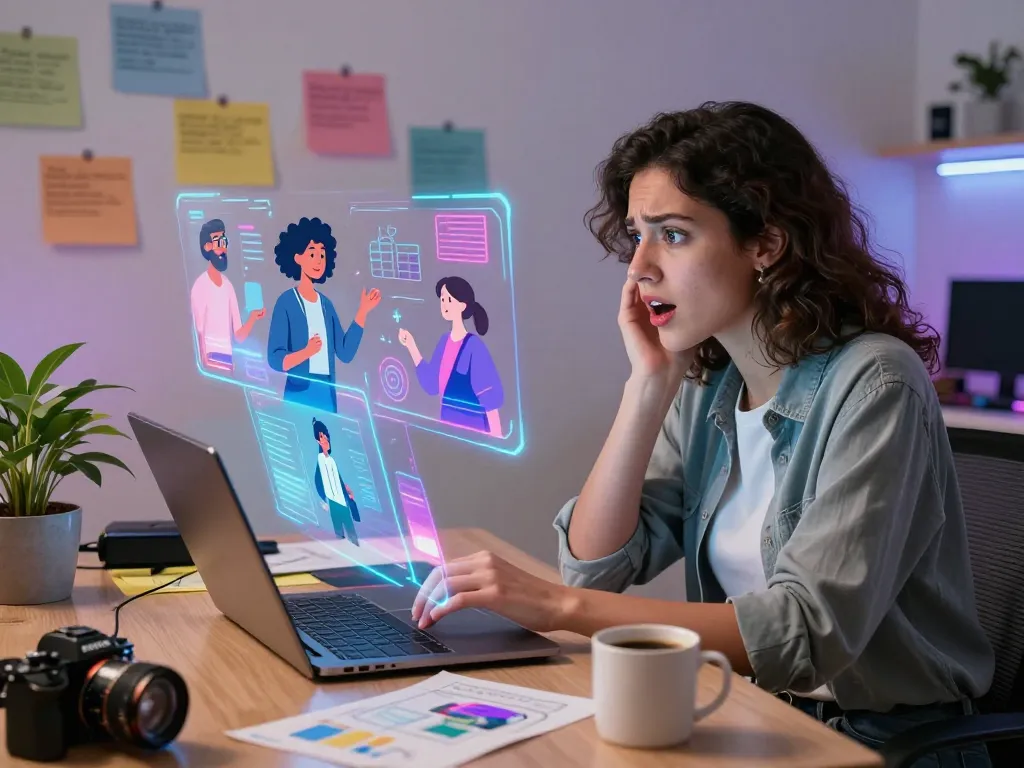 The interactive experience showcasing crush on ai as a woman engages with her AI character in a modern workspace filled with tech and creativity.