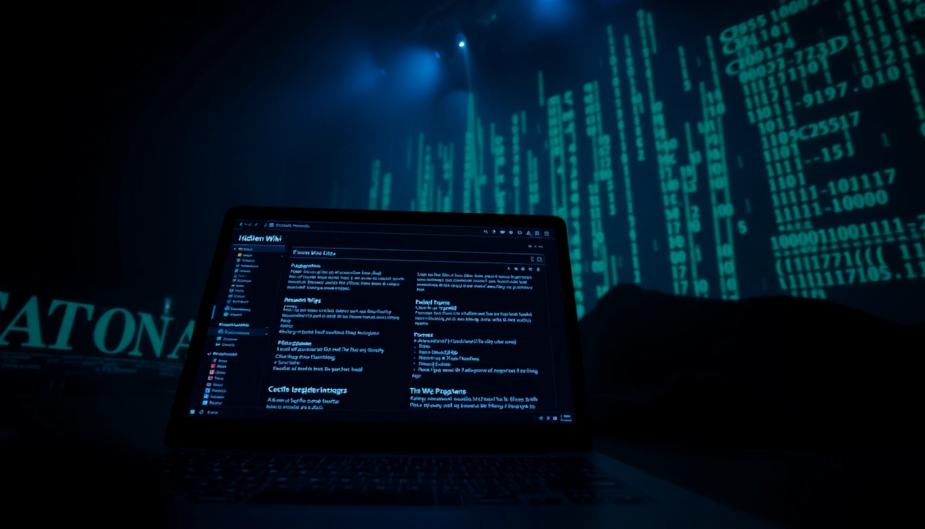 The hidden wiki portal displaying dark web links with a cybernetic interface and ambient lighting.