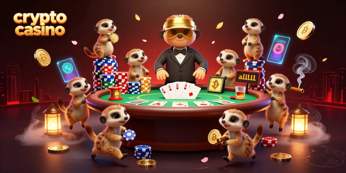 Casino crypto animé avec des suricates, jetons de poker et jeux dynamiques.