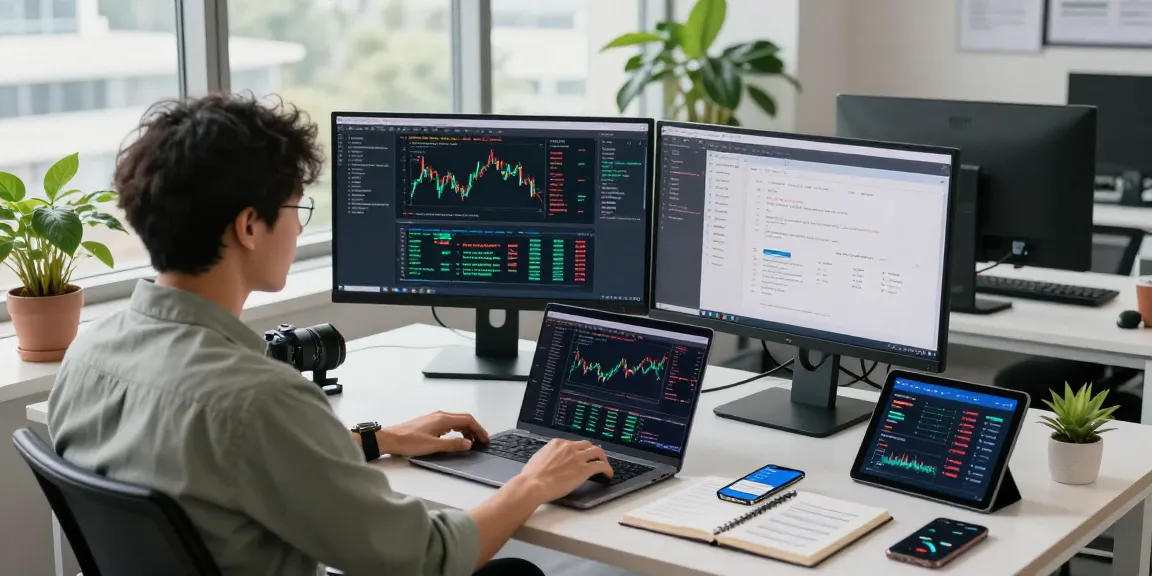 Developer utilizing the Singapore stock fundamental API in a modern workspace with live market data.