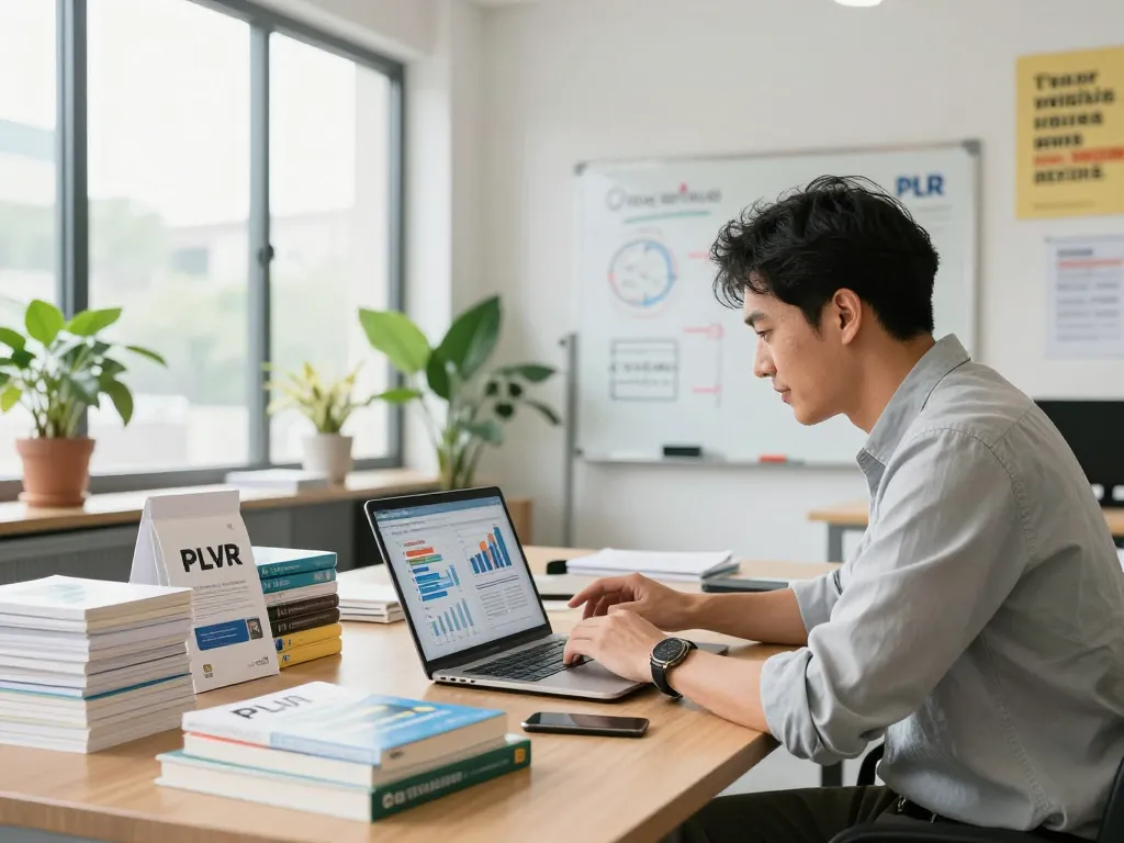 Buy Private Label Rights Products in a modern office with charts and PLR materials.