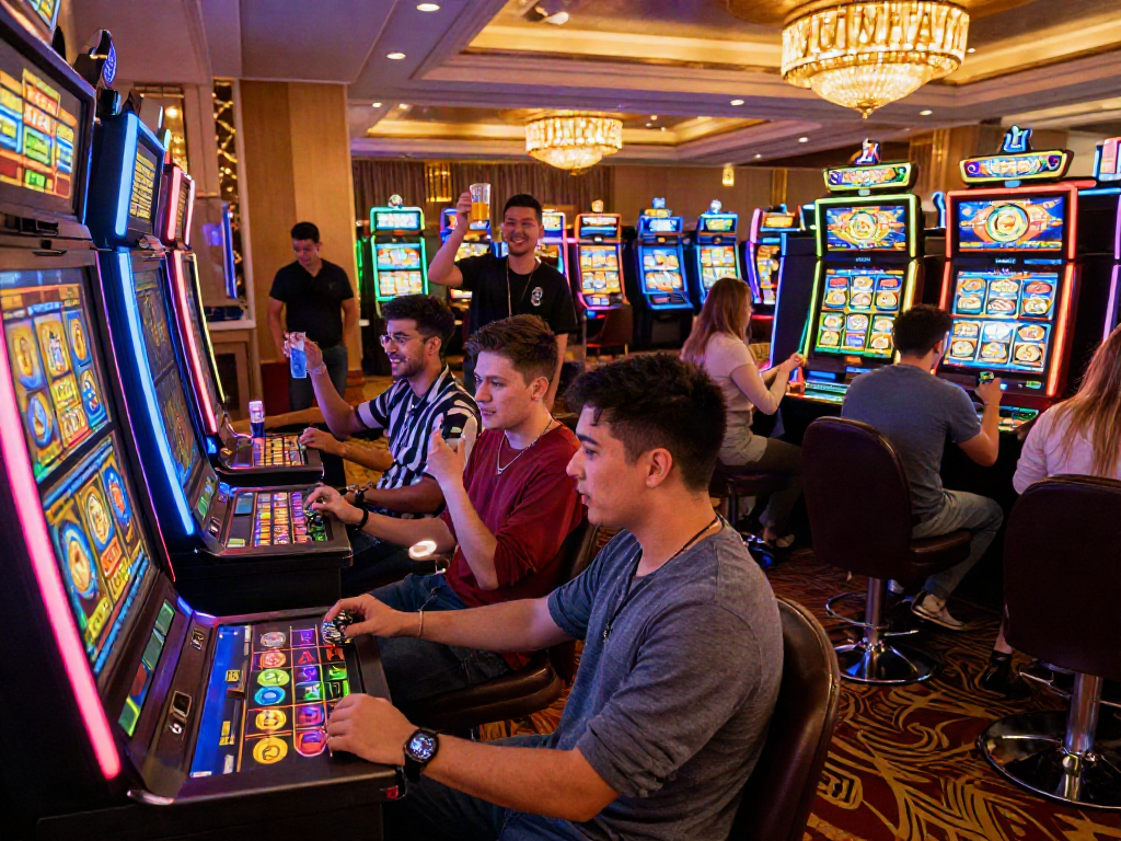 Exciting casino scene showcasing players enjoying slot bonus games with vibrant lights and celebrations.