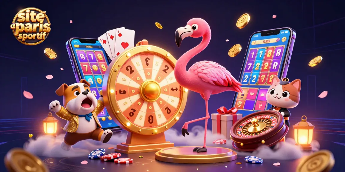 Visuel dynamique d'un site de paris sportif avec un flamant rose hôte, un bulldog et des éléments de jeu colorés.