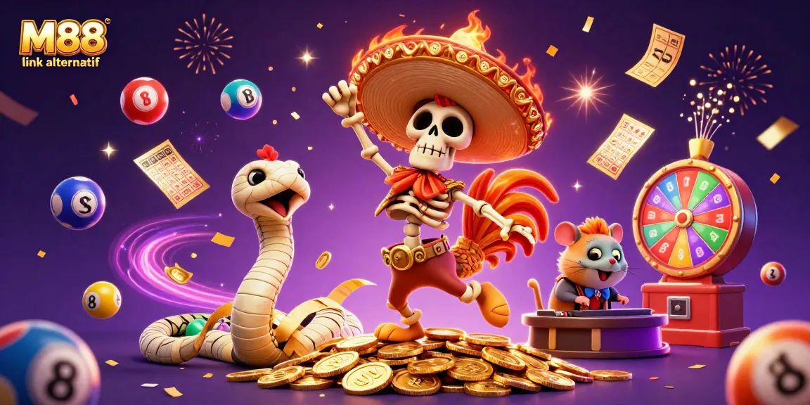 M88 link alternatif celebration scene with a mariachi rooster dancing on gold coins surrounded by vibrant gambling elements.