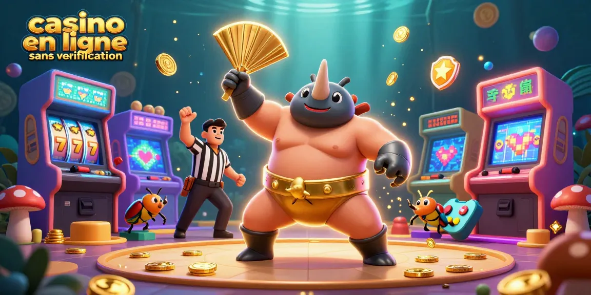 Visualisez le casino en ligne sans vérification avec un rhinocéros scarabée sumo champion décoré de pièces d'or.